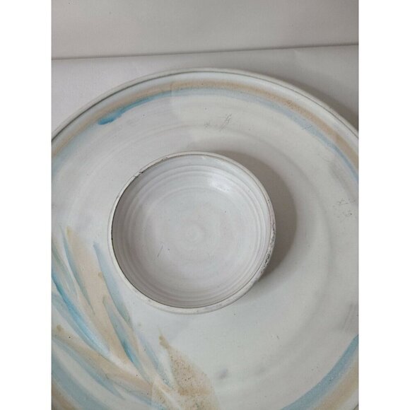 Vintage Stoneware Art Pottery Chip And Dip Serving Dish Tray Round Blue Signed - Picture 2 of 5